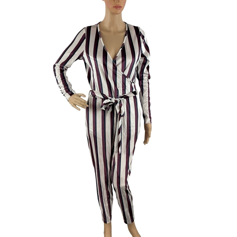 Chaser Striped Faux Wrap Jumpsuit Belted Burgundy Size S